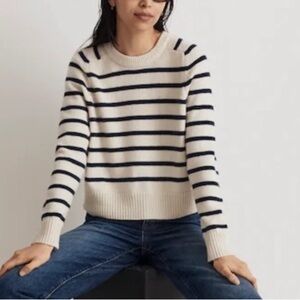 MADEWELL cream navy merino wool striped pullover sweater elbow patches S
